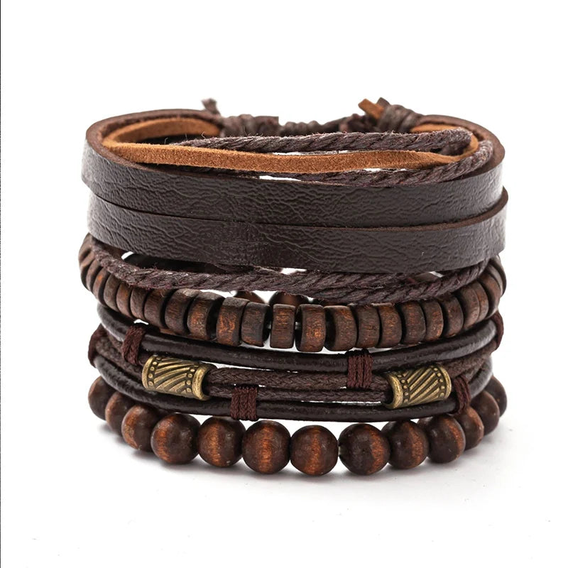 4 pulseras de cuero con cuentas de madera multicapa Vintage para hombre, pulseras apilables de estilo OL