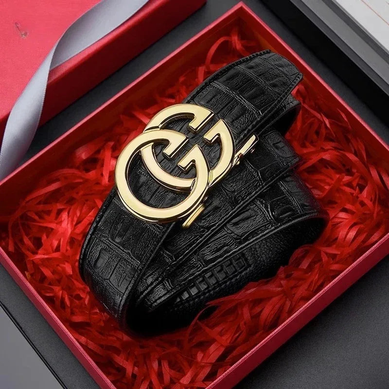 Cinturón para hombre hecho de material de alta calidad, marca de hebilla automática de aleación de metal, diseño lujoso, cinturón para hombre