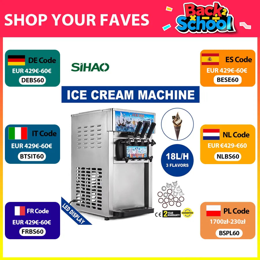 Máquina comercial de helado de servicio suave SIHAO: tres sabores 18 l/h con pantalla LCD y limpieza con un solo toque para tiendas de postres, cafeterías