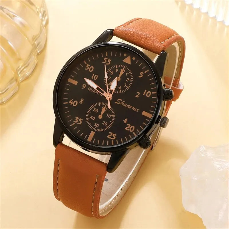 Nuevo reloj de pulsera de lujo para hombre, reloj de pulsera de cuarzo de cuero marrón a la moda de negocios, juego de regalo de Relogio Masculino