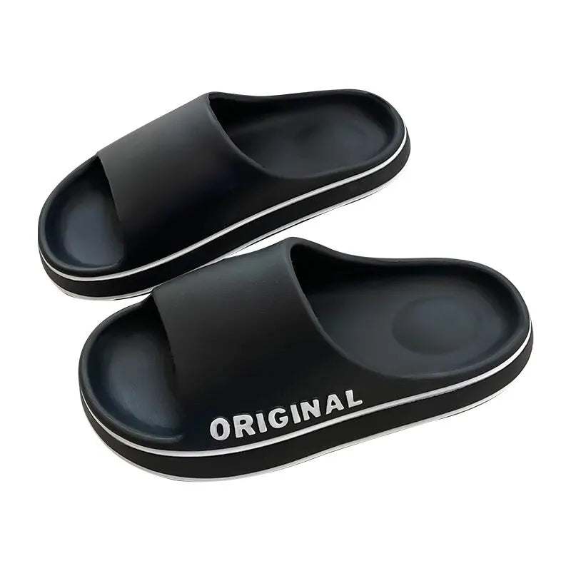 Feslishoet-Zapatillas de playa con letras para hombre y mujer, chanclas antideslizantes de suela gruesa de Color sólido para interior y baño, sandalias de verano para parejas