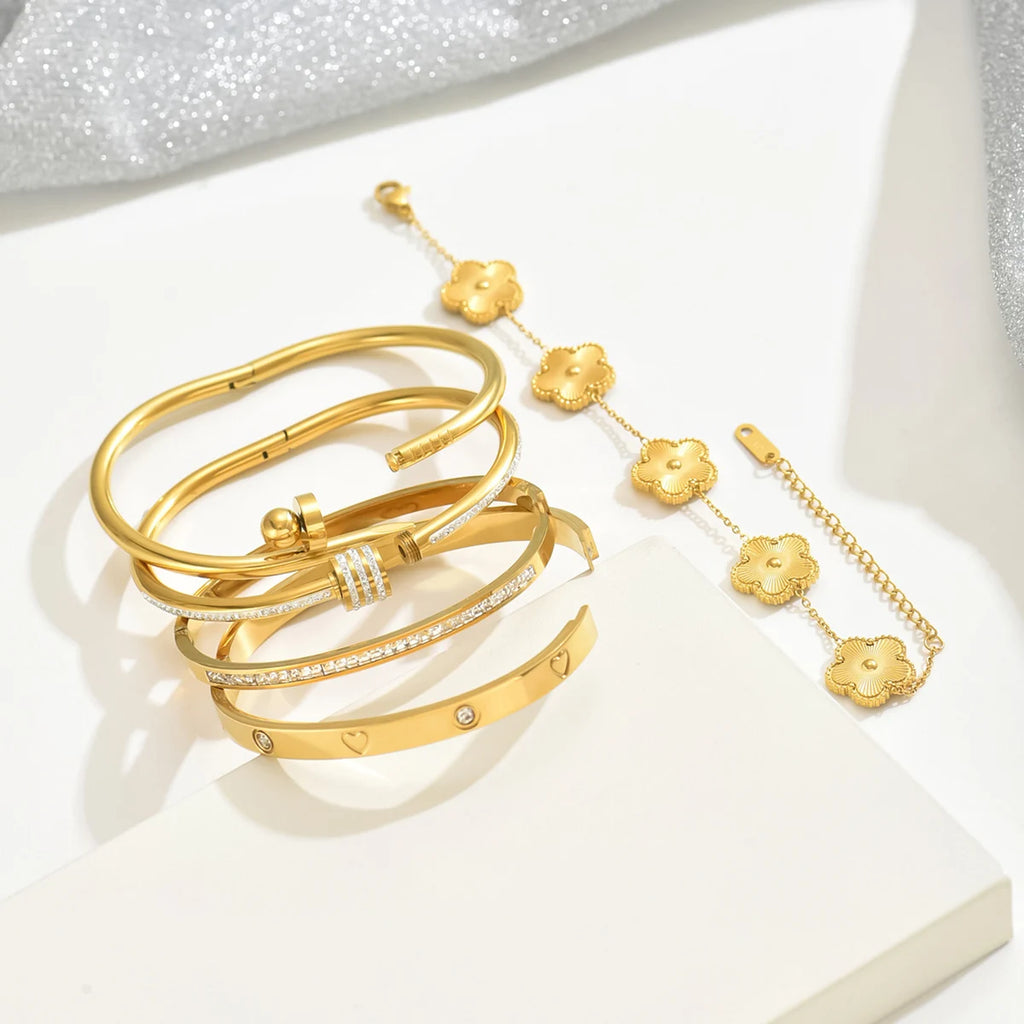 UILZ Europa y Estados Unidos pulsera de la suerte de trébol de cuatro hojas de acero inoxidable caliente pulsera de uñas de moda para mujer brazaletes de oro