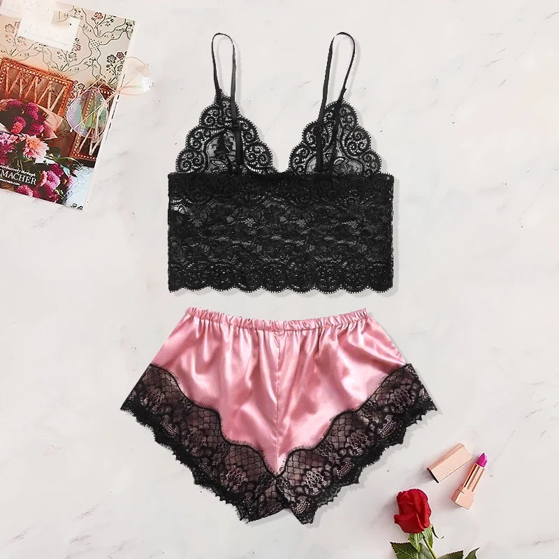 Conjunto de pijama de encaje sexy para mujer, 2 piezas, ropa de dormir de verano, lencería, camisola de encaje negro con pantalones cortos rosas, cómodo