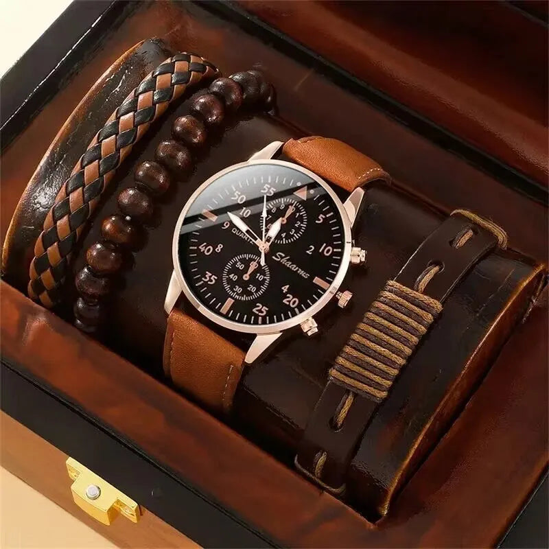 Nuevo reloj de pulsera de lujo para hombre, reloj de pulsera de cuarzo de cuero marrón a la moda de negocios, juego de regalo de Relogio Masculino