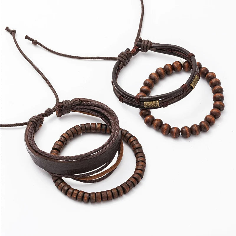 4 pulseras de cuero con cuentas de madera multicapa Vintage para hombre, pulseras apilables de estilo OL