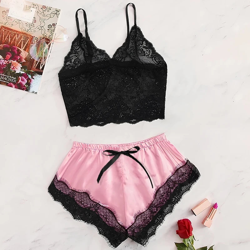 Conjunto de pijama de encaje sexy para mujer, 2 piezas, ropa de dormir de verano, lencería, camisola de encaje negro con pantalones cortos rosas, cómodo