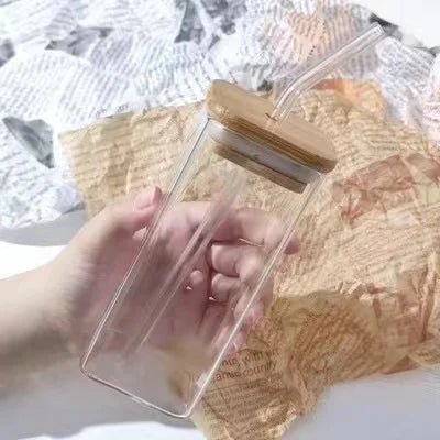 Taza cuadrada de cristal para café resistente al calor, con tapa y pajita, transparente, para té de la leche, zumo, taza de café para el hogar y Bar, 1 Uds.