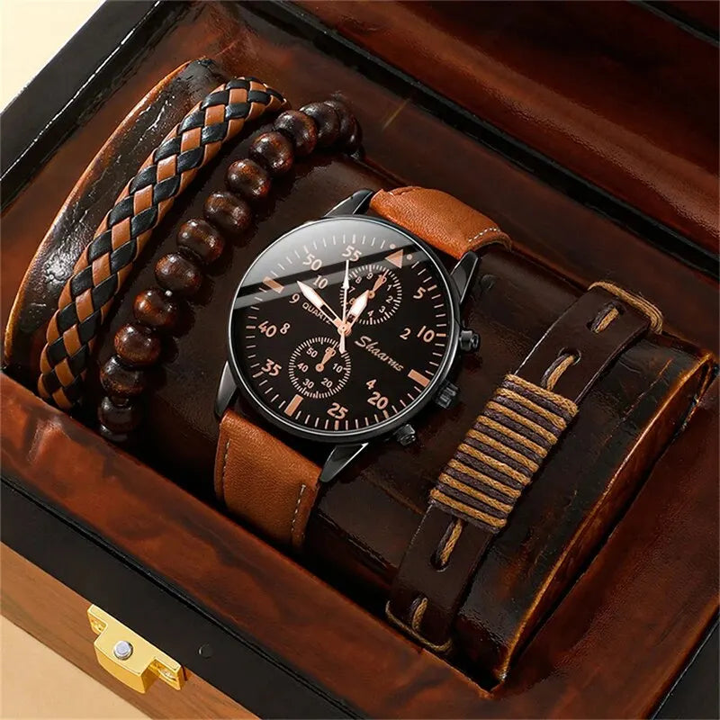 Nuevo reloj de pulsera de lujo para hombre, reloj de pulsera de cuarzo de cuero marrón a la moda de negocios, juego de regalo de Relogio Masculino