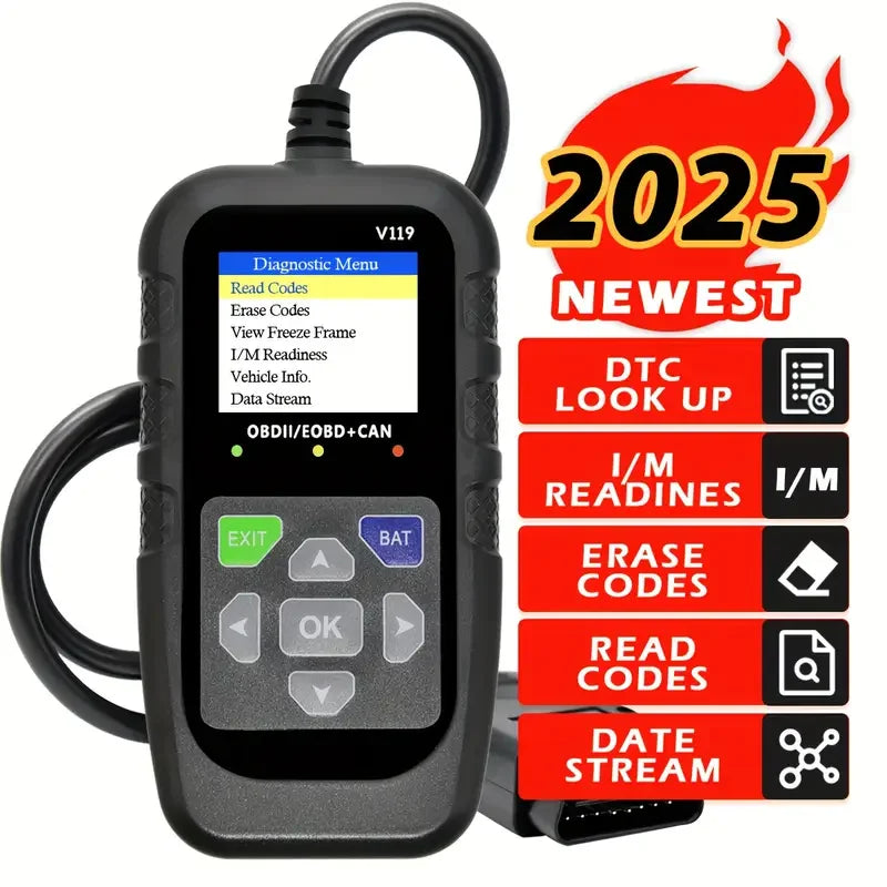 Escáner V119 OBD2: herramienta de diagnóstico de automóvil con prueba de voltaje y alimentación USB, lectura/clara códigos para vehículos EOBD/CAN OBD2