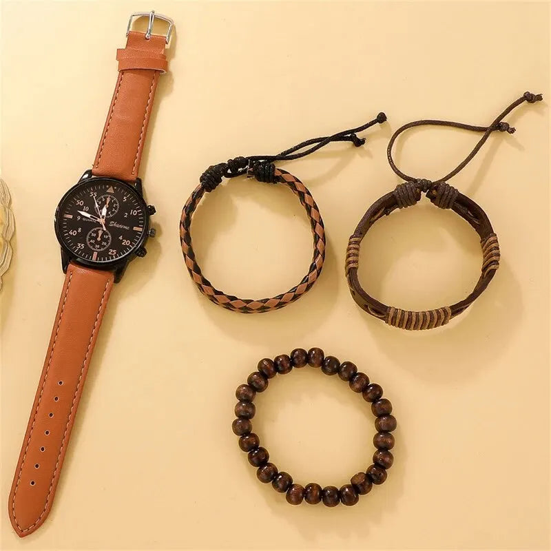 Nuevo reloj de pulsera de lujo para hombre, reloj de pulsera de cuarzo de cuero marrón a la moda de negocios, juego de regalo de Relogio Masculino