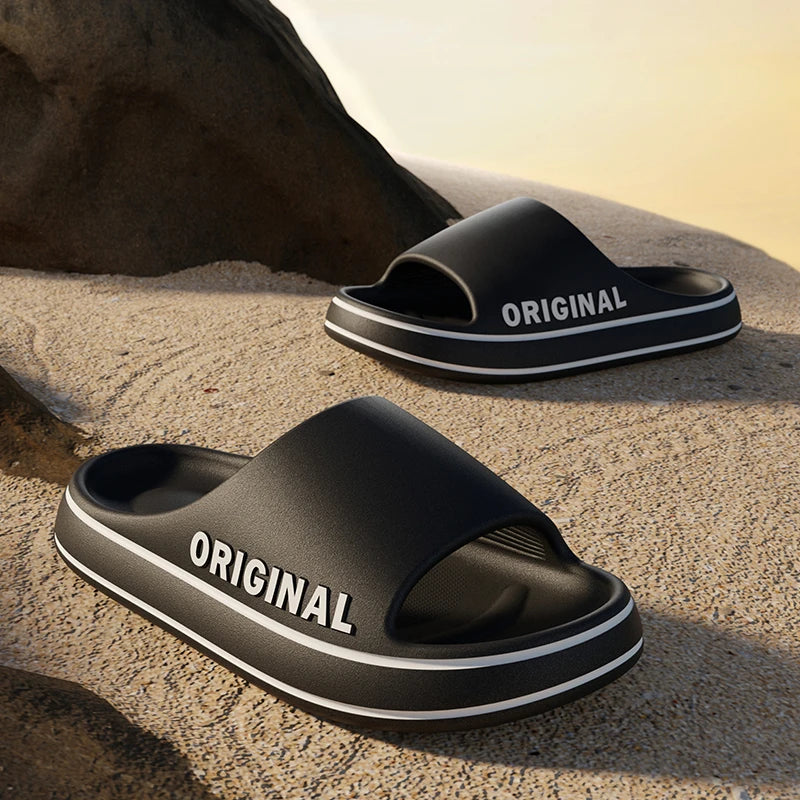 Feslishoet-Zapatillas de playa con letras para hombre y mujer, chanclas antideslizantes de suela gruesa de Color sólido para interior y baño, sandalias de verano para parejas