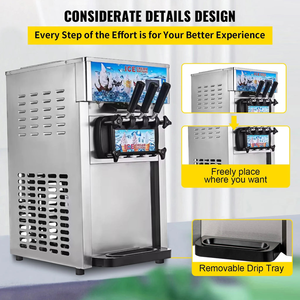 Máquina comercial de helado de servicio suave SIHAO: tres sabores 18 l/h con pantalla LCD y limpieza con un solo toque para tiendas de postres, cafeterías