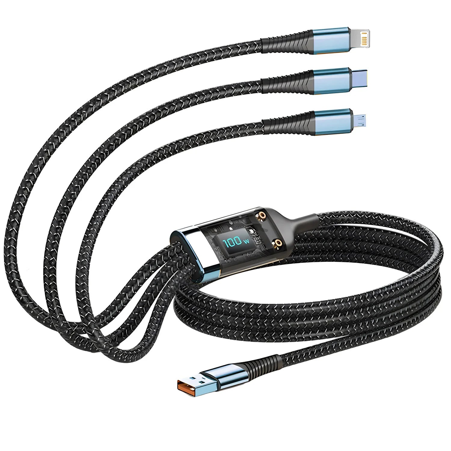 Cable de carga rápida de 100W, Cable cargador múltiple, nailon trenzado, USB múltiple, adaptador de Cable de carga Universal 3 en 1 con Micro tipo C