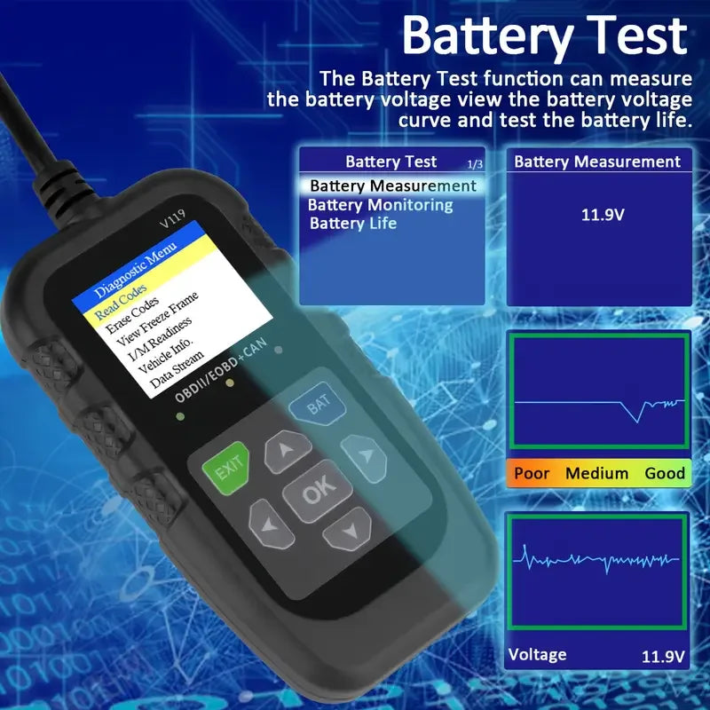 Escáner V119 OBD2: herramienta de diagnóstico de automóvil con prueba de voltaje y alimentación USB, lectura/clara códigos para vehículos EOBD/CAN OBD2