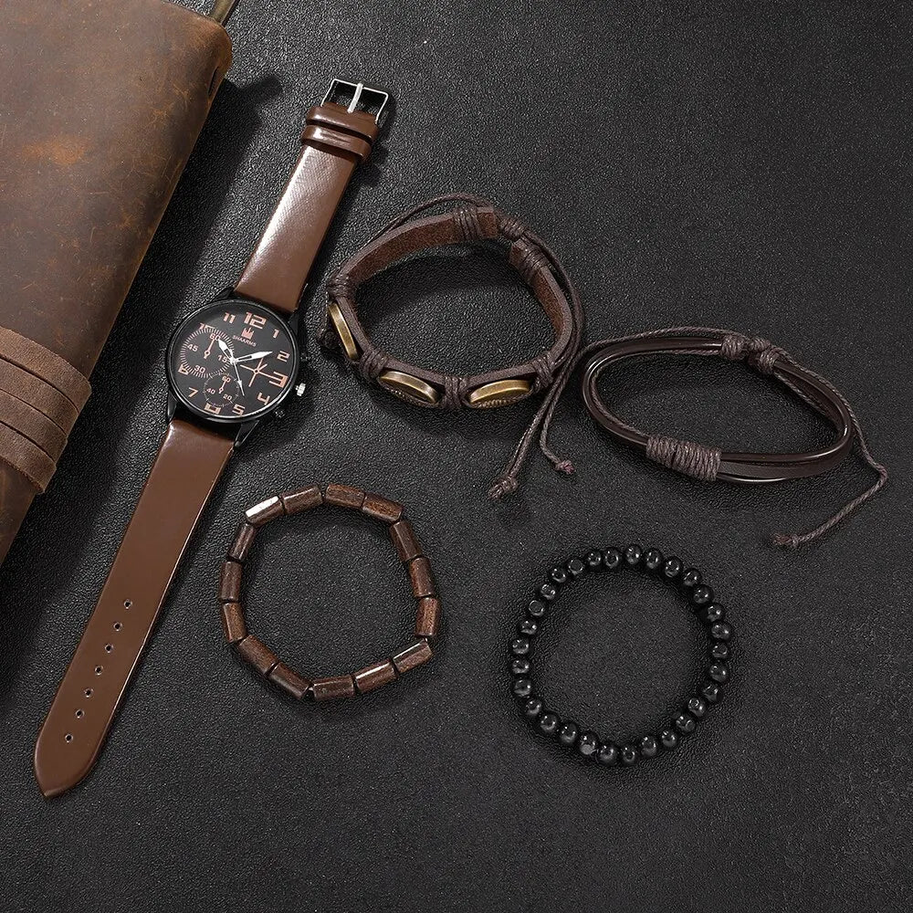 Juego de 5 piezas para hombre, relojes de pulsera deportivos a la moda, reloj de pulsera de cuarzo con esfera grande Retro, Reloj clásico informal de cuero marrón