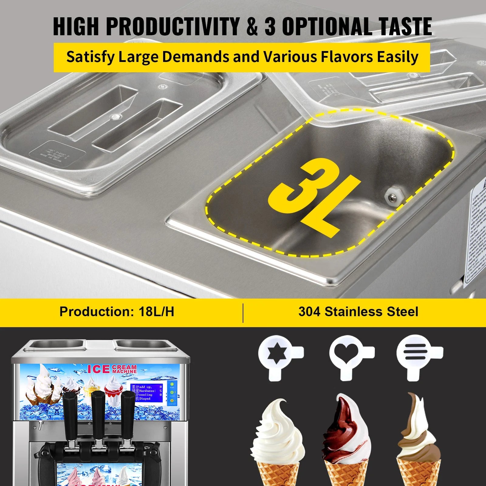 Máquina comercial de helado de servicio suave SIHAO: tres sabores 18 l/h con pantalla LCD y limpieza con un solo toque para tiendas de postres, cafeterías