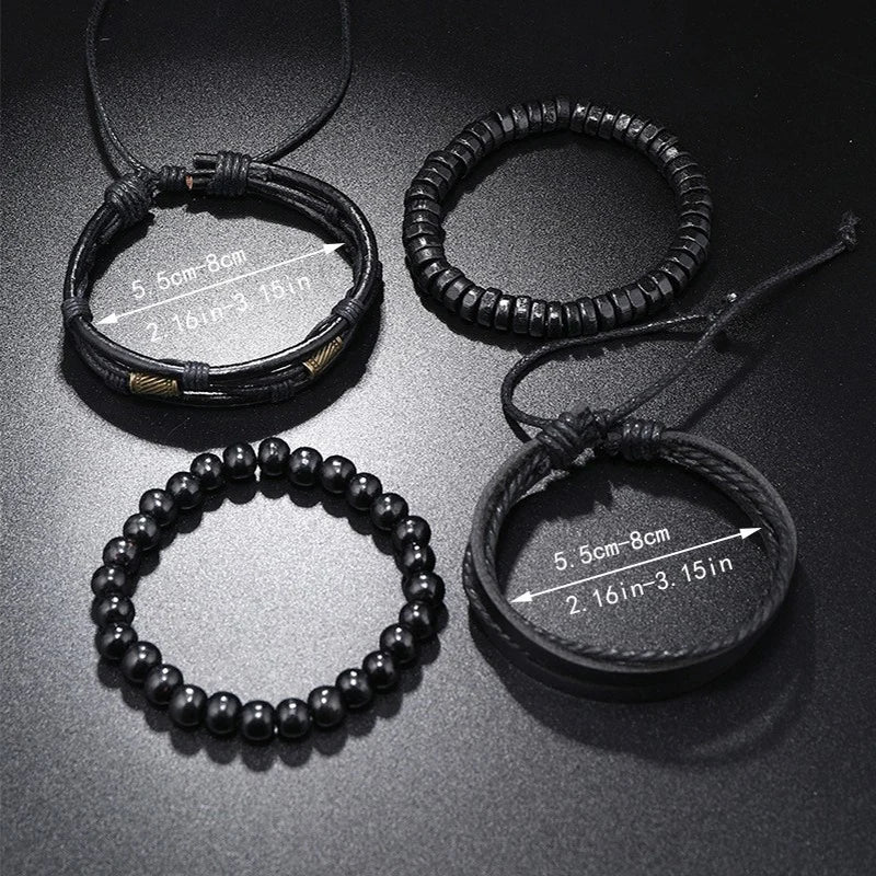 4 pulseras de cuero con cuentas de madera multicapa Vintage para hombre, pulseras apilables de estilo OL